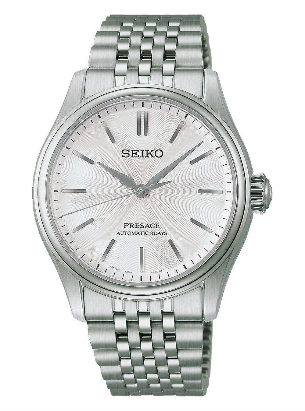A Seiko Presage automatic watch with a silver stainless steel case and link bracelet, featuring a textured silver dial with simple stick indices.