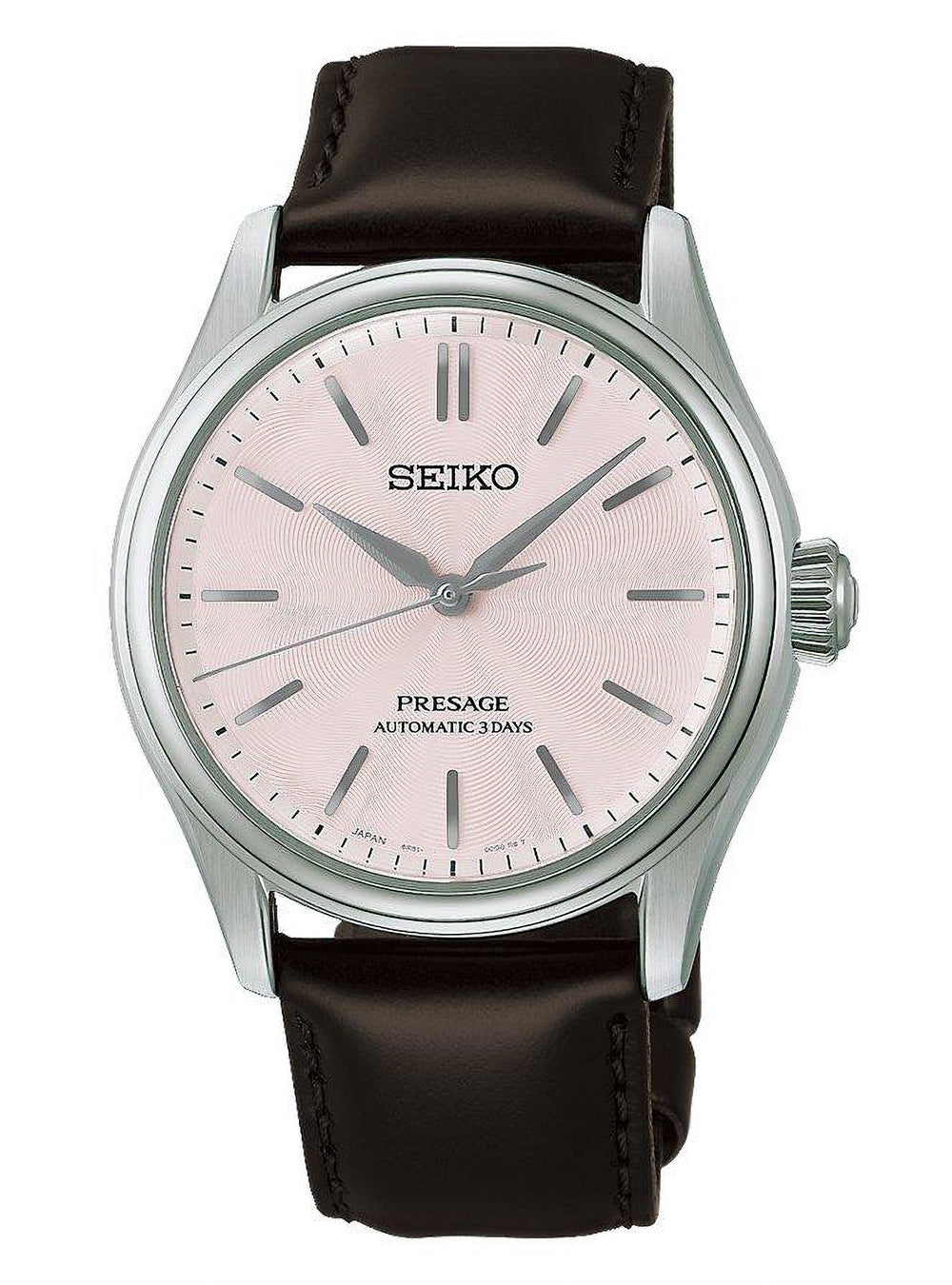A Seiko Presage wristwatch with a silver-tone case, a pale pink dial, and a dark brown leather strap, shown against a plain white background.