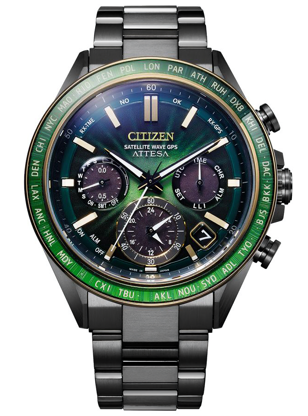 Citizen Attesa Satellite Wave GPS watch with a dark green and black textured dial, a green tachymeter bezel, and a dark metallic link bracelet.