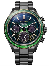 Citizen Attesa Satellite Wave GPS watch with a dark green and black textured dial, a green tachymeter bezel, and a dark metallic link bracelet.