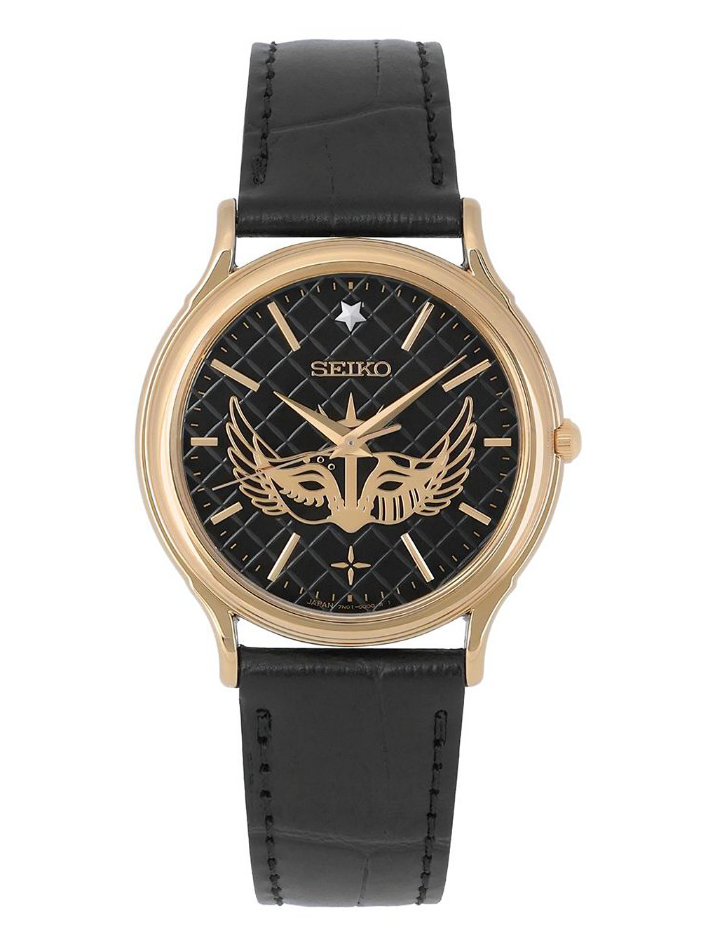 A Seiko wristwatch with a round rose gold-tone case, a black quilted dial featuring a winged logo, and a black leather strap, shown against a plain white background.
