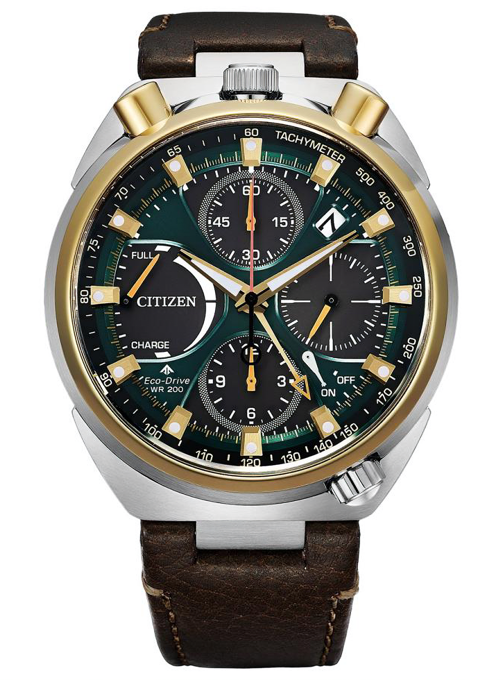 Citizen Eco-Drive SW R002 wrist watch with a brown leather strap, silver stainless steel case, gold-tone accents, and a dark green and black dial with a tachymeter scale.