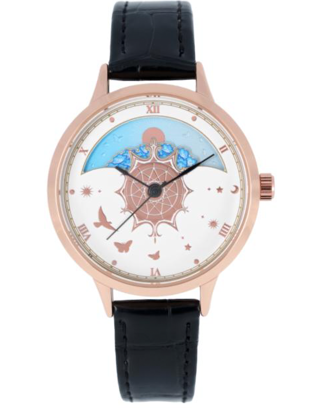 A rose gold-tone wristwatch with a black leather strap and a white dial featuring a celestial moon and sun motif with blue accents.