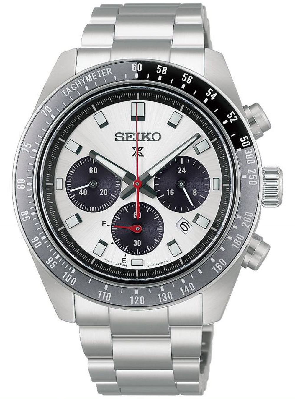 A Seiko stainless steel chronograph watch with a silver-tone metal link bracelet, a white dial, black subdials, and a black tachymeter bezel.