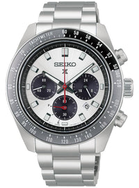 A Seiko stainless steel chronograph watch with a silver-tone metal link bracelet, a white dial, black subdials, and a black tachymeter bezel.