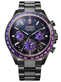 Citizen Attesa Satellite Wave GPS watch with a dark gunmetal stainless steel case and bracelet, featuring a black dial with purple sub-dials and a purple tachymeter bezel.