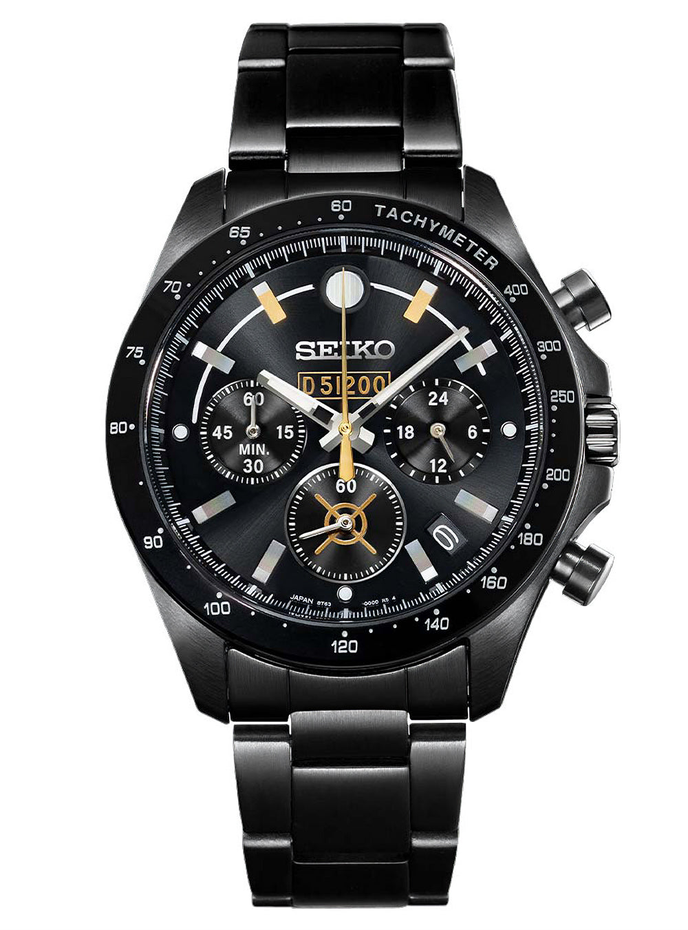 A Seiko chronograph watch with a black stainless steel case and link bracelet, featuring a black dial with gold-tone hands, markers, and subdials.