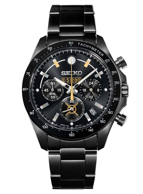 A Seiko chronograph watch with a black stainless steel case and link bracelet, featuring a black dial with gold-tone hands, markers, and subdials.