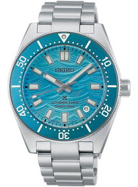 A Seiko dive watch with a silver stainless steel case and bracelet, featuring a vibrant turquoise blue dial with a wavy pattern and a matching blue bezel.