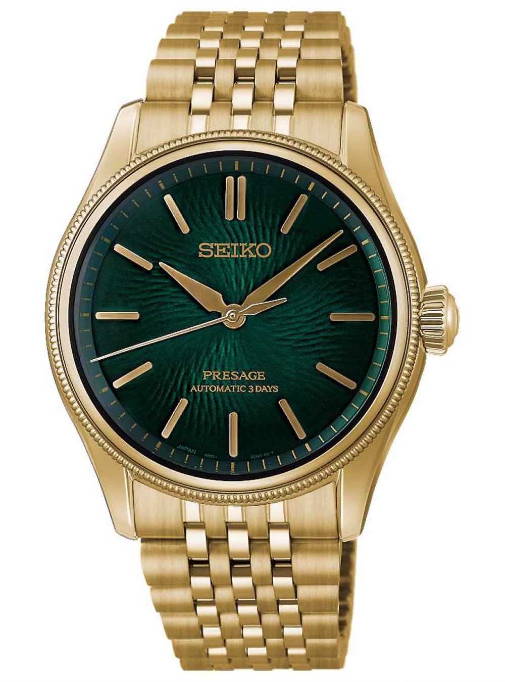 A Seiko Presage automatic watch with a gold-tone metal case and bracelet, featuring a textured dark green dial with gold-tone indices and hands.
