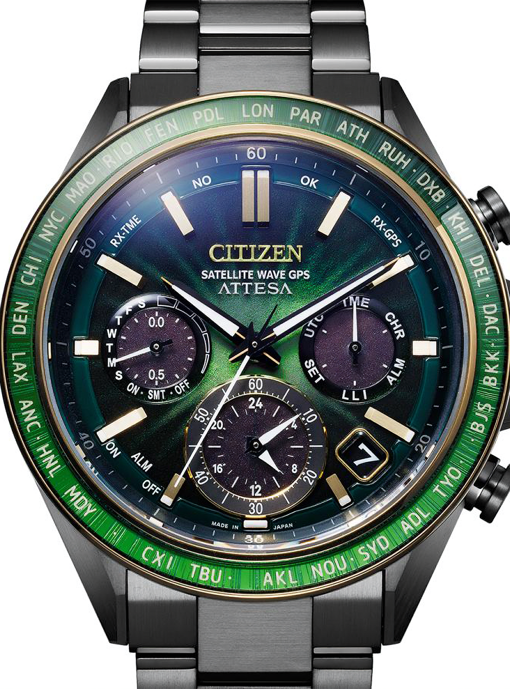 Citizen Attesa Satellite Wave GPS chronograph watch with a dark green and black dial, a green and black bezel, and a dark gray metal link bracelet.
