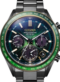 Citizen Attesa Satellite Wave GPS chronograph watch with a dark green and black dial, a green and black bezel, and a dark gray metal link bracelet.