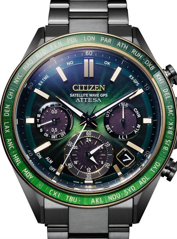 Citizen Attesa Satellite Wave GPS chronograph watch with a dark green and black dial, a green and black bezel, and a dark gray metal link bracelet.
