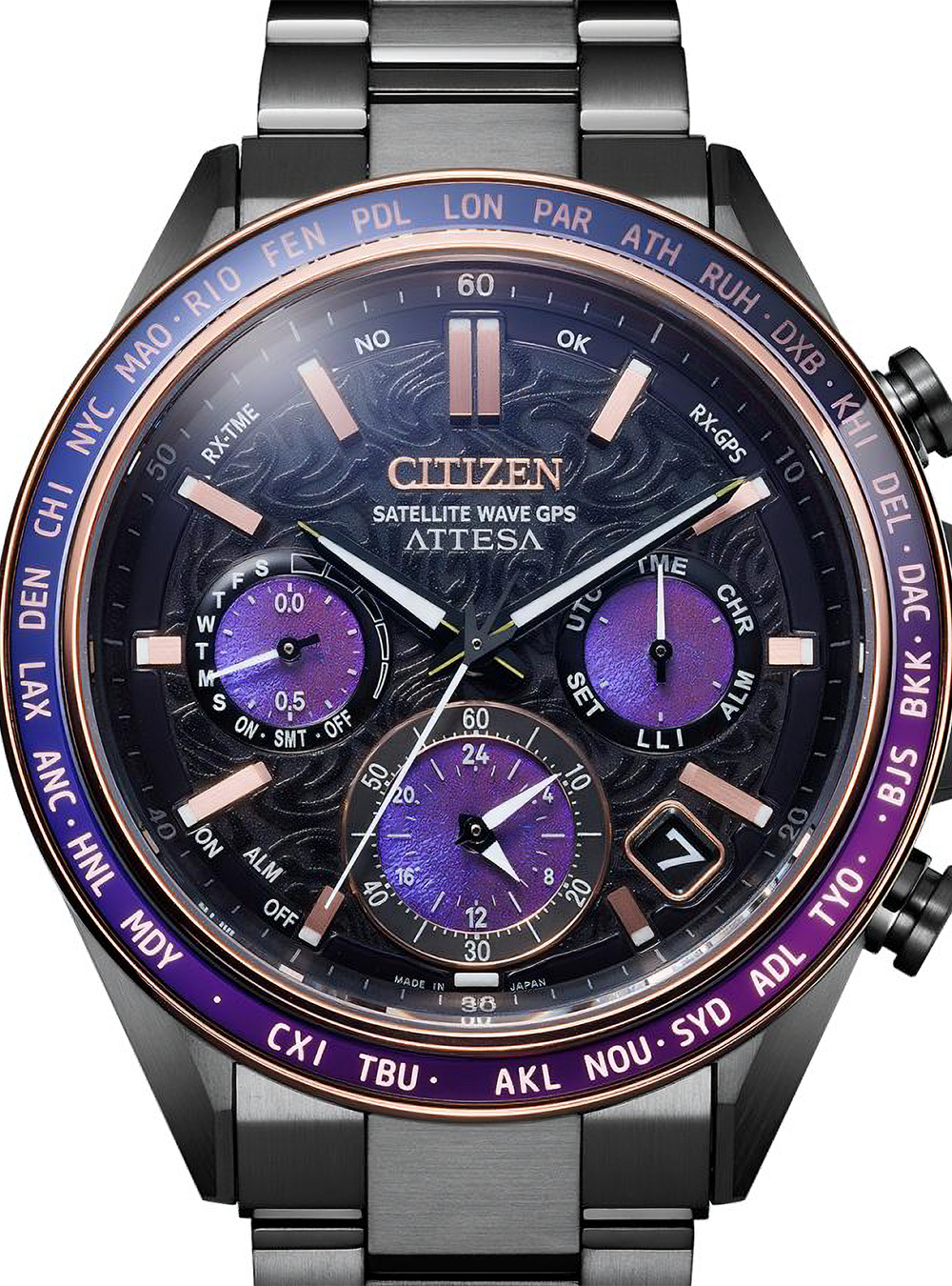 Citizen Attesa Satellite Wave GPS watch with a dark gunmetal stainless steel case, a purple and black dial, and a purple bezel with white timezone letters.