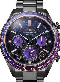 Citizen Attesa Satellite Wave GPS watch with a dark gunmetal stainless steel case, a purple and black dial, and a purple bezel with white timezone letters.