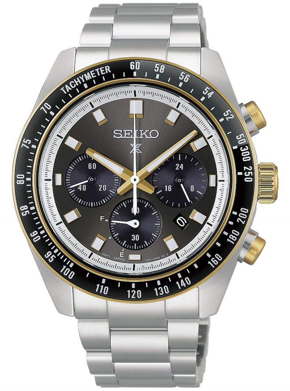 A Seiko stainless steel chronograph watch with a silver-tone metal link bracelet, a black dial with gold-tone hands and markers, and a black bezel with gold-tone markings.