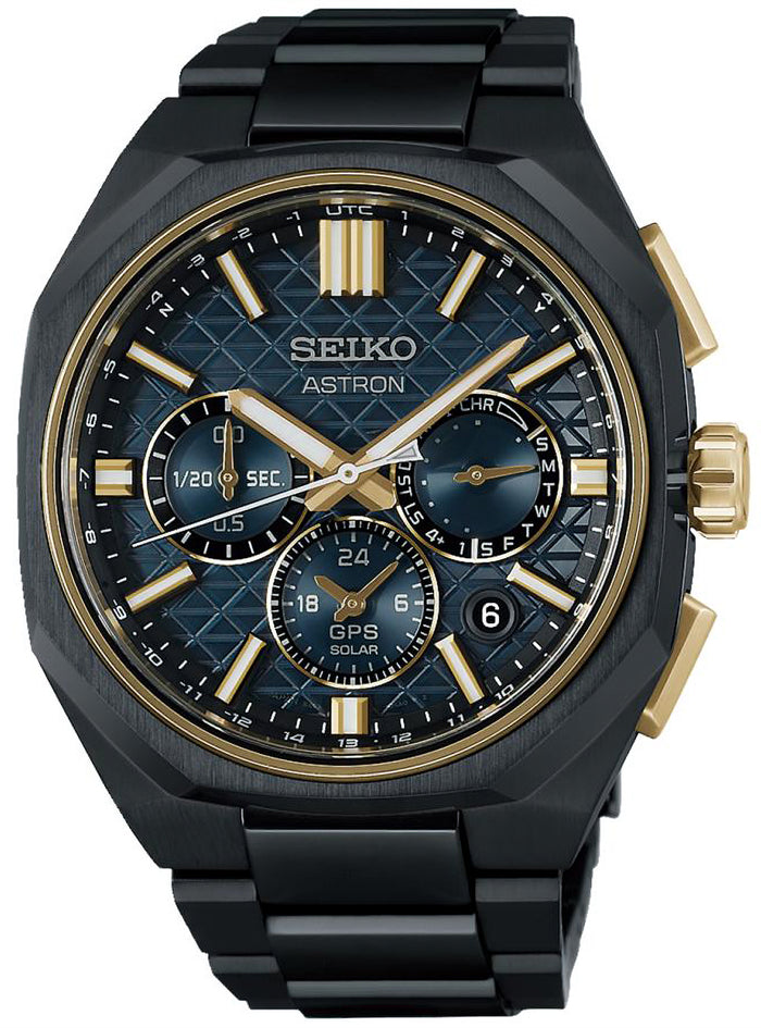 Seiko Astron Solar watch with a black ceramic case and link bracelet, featuring a textured blue and black dial with gold-tone indices and subdials.