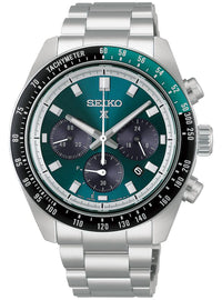 A Seiko chronograph watch with a silver stainless steel case and link bracelet, featuring a dark green dial, black tachymeter bezel, and a green and black bezel.