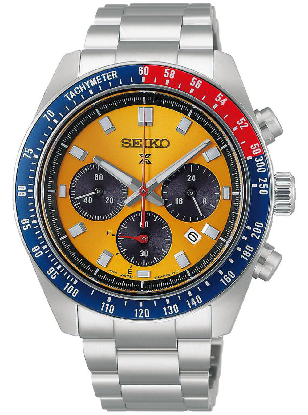 A Seiko stainless steel chronograph watch with a bright yellow dial, a blue and red tachymeter bezel, and a silver metal link bracelet.