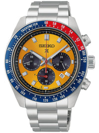 A Seiko stainless steel chronograph watch with a bright yellow dial, a blue and red tachymeter bezel, and a silver metal link bracelet.