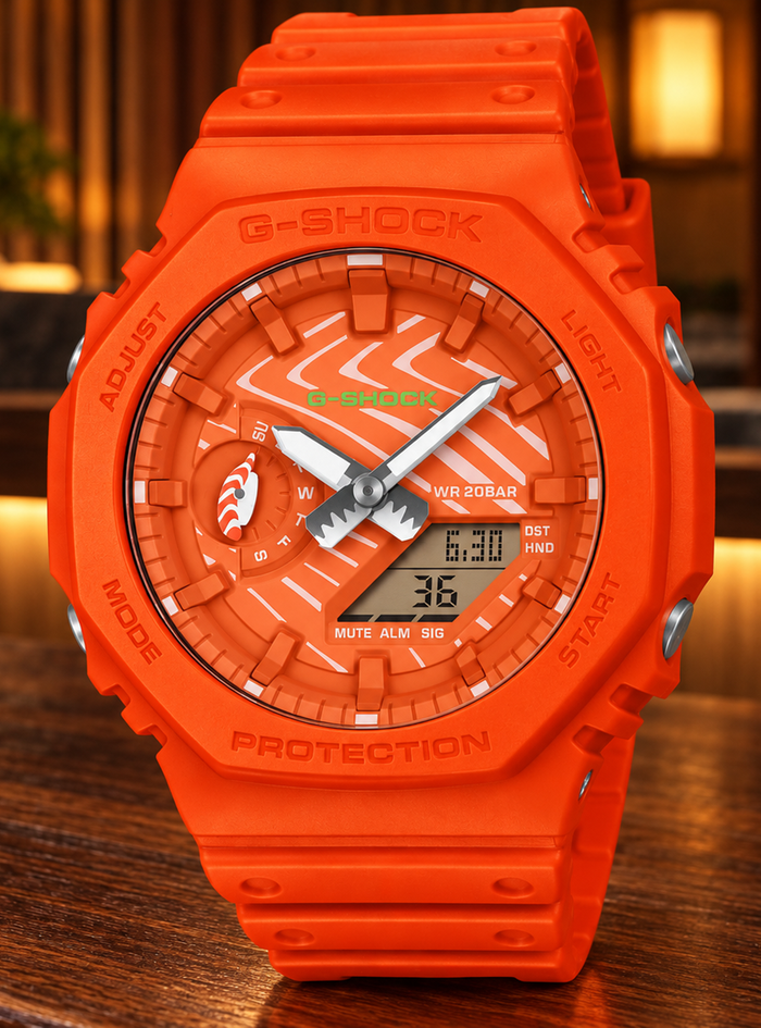 An orange G-Shock watch with a matching orange resin strap and a textured orange dial, shown on a wooden surface with a warm, blurred background.