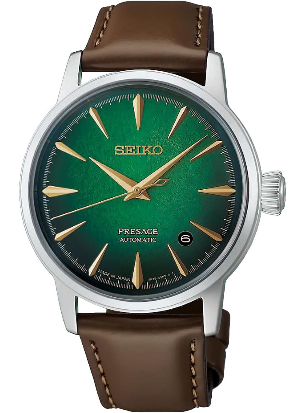 A Seiko Presage Automatic watch featuring a green dial with gold-tone baton hour markers and hands, housed in a silver-tone case with a brown leather strap.