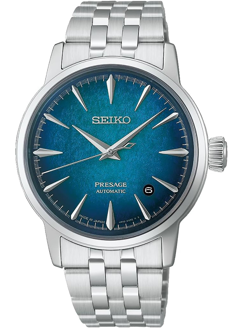 A Seiko Presage Automatic watch with a silver stainless steel case and link bracelet, featuring a textured blue dial with silver-tone baton hour markers and a date window.