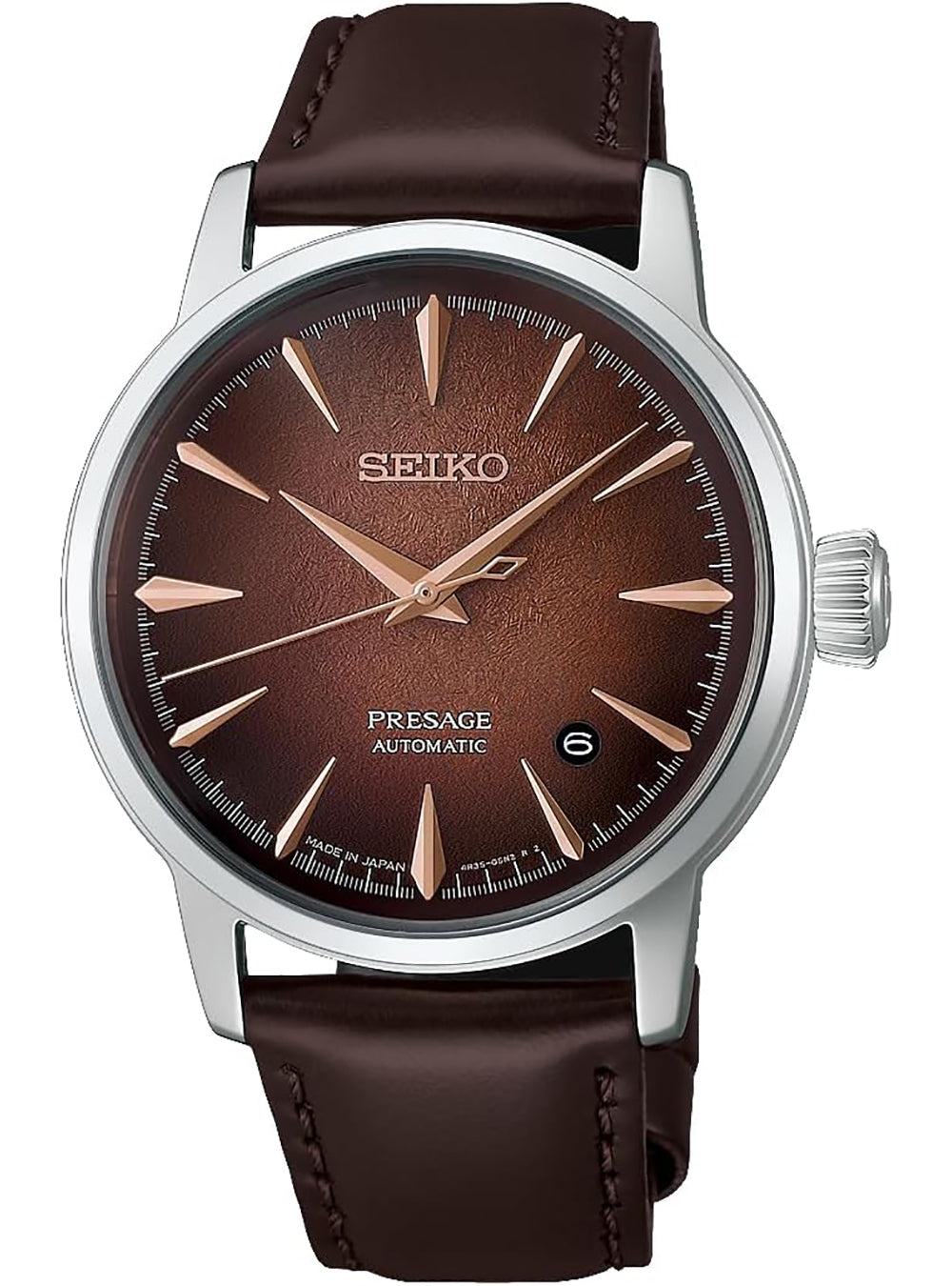 A Seiko Presage Automatic watch with a brown leather strap, a brown sunburst dial, and rose gold-tone hands and hour markers, set against a plain white background.