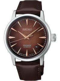 A Seiko Presage Automatic watch with a brown leather strap, a brown sunburst dial, and rose gold-tone hands and hour markers, set against a plain white background.