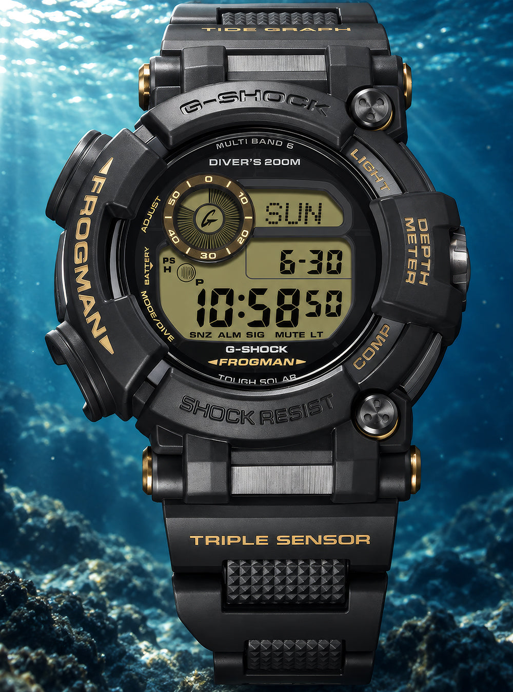 A rugged black Casio G-Shock Frogman digital wristwatch with gold accents and a yellow-green LCD display, shown against an underwater ocean background.