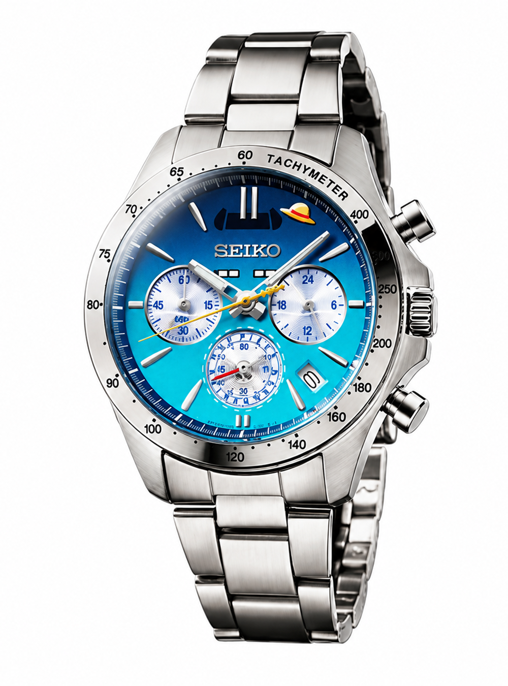 A Seiko chronograph watch with a silver stainless steel case and link bracelet, featuring a vibrant blue dial with white sub-dials and a black tachymeter bezel.