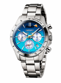 A Seiko chronograph watch with a silver stainless steel case and link bracelet, featuring a vibrant blue dial with white sub-dials and a black tachymeter bezel.