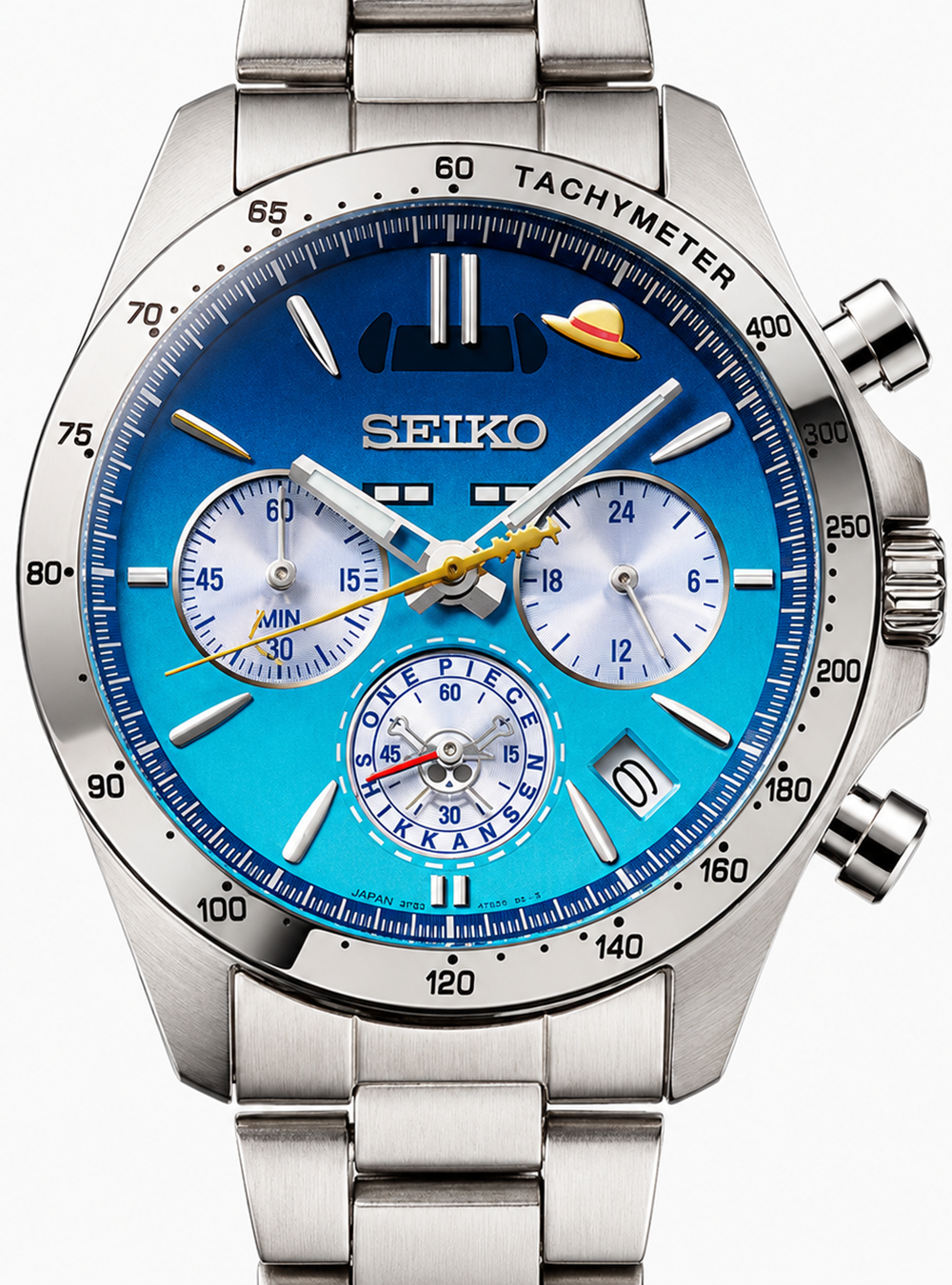 A Seiko stainless steel chronograph watch with a vibrant blue dial, featuring white sub-dials, a silver bezel with black markings, and a matching steel link bracelet.