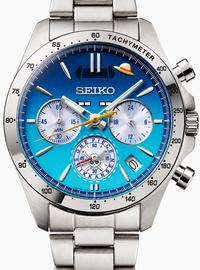 A Seiko stainless steel chronograph watch with a vibrant blue dial, featuring white sub-dials, a silver bezel with black markings, and a matching steel link bracelet.
