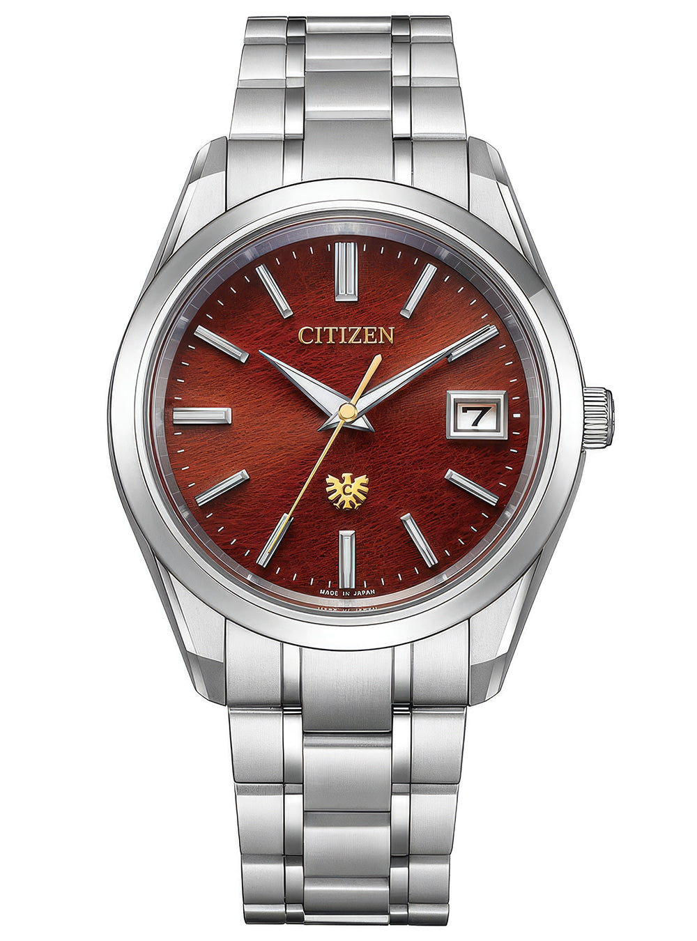 Citizen watch with a textured reddish-brown dial, silver-tone metal bracelet, and gold-tone hands and markers.