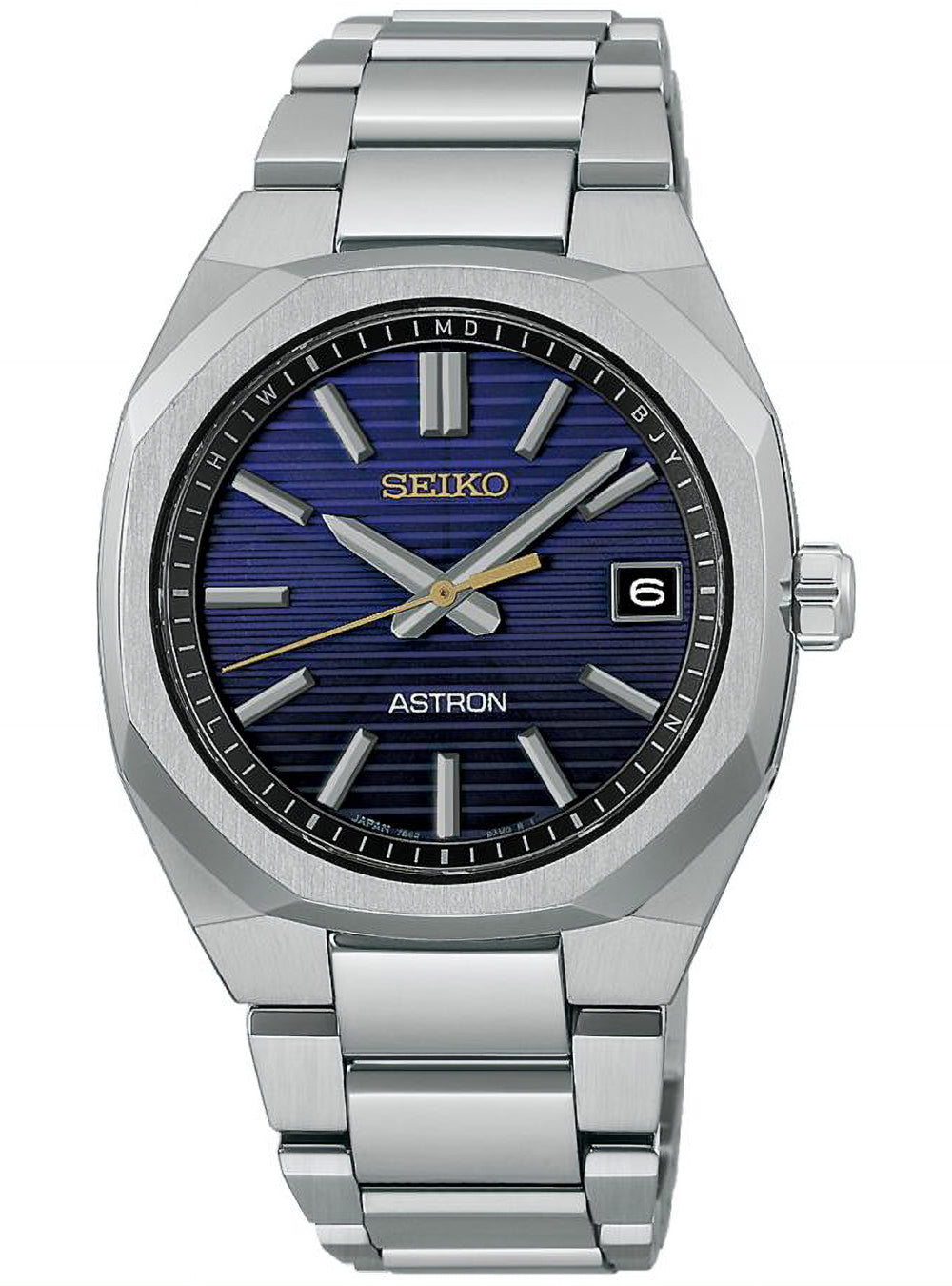 A Seiko Astron watch with a brushed silver titanium case and link bracelet, featuring a textured blue dial with silver indices and a gold-tone date window.