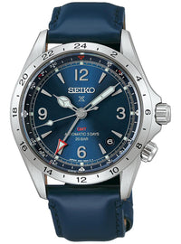 Seiko watch with blue strap and blue dial on a white background