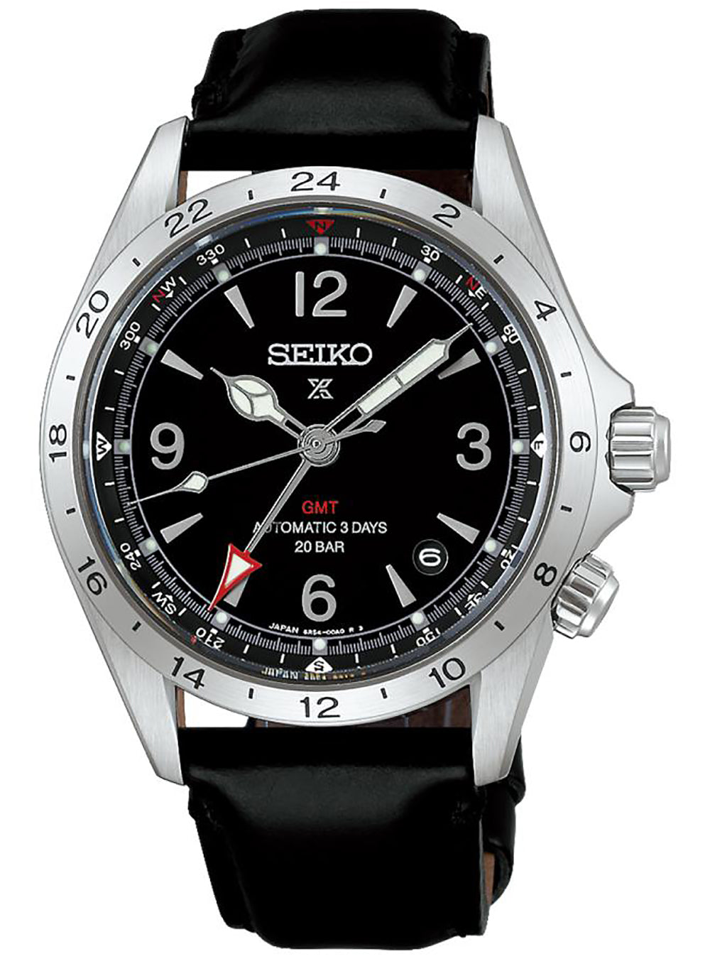 A Seiko wristwatch with a black dial, silver-tone stainless steel case, and a black leather strap, shown against a plain white background.