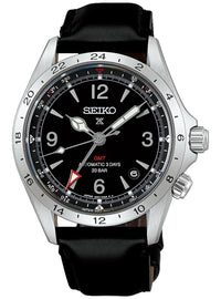 A Seiko wristwatch with a black dial, silver-tone stainless steel case, and a black leather strap, shown against a plain white background.