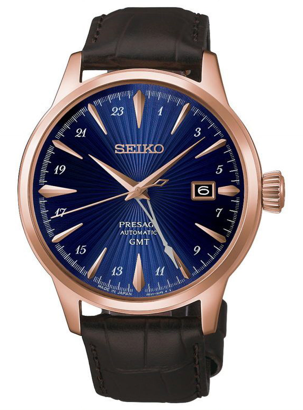 A new color joins “Cocktail Time Around the World,” a collection of GMT models inspired by cocktails from across the globe. Inspired by the Corcovado, a cocktail named after a location in Brazil, this striking model pairs a deep, vivid blue dial with a pink-gold-tone case.