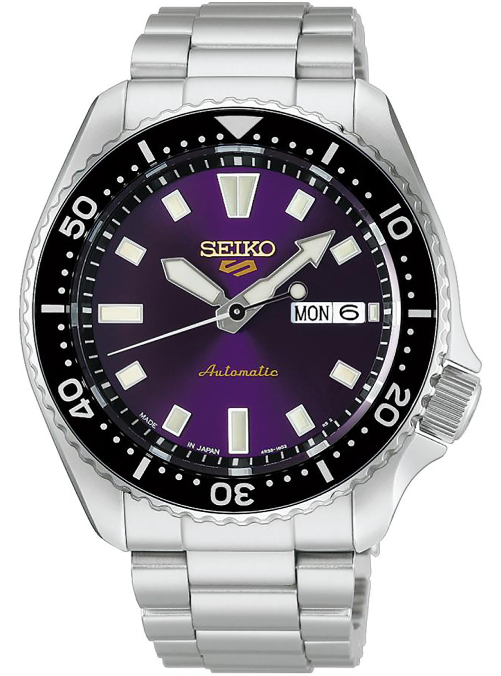 A Seiko stainless steel wristwatch with a purple dial, black bezel, and silver link bracelet, shown against a plain white background.