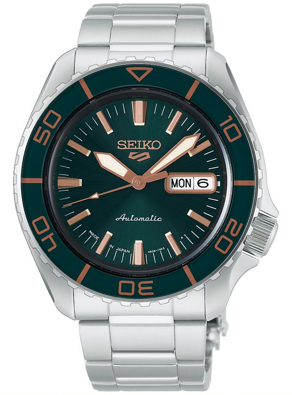 The dial features a rich, understated deep green, with a delicate pattern radiating from the center. Its appearance shifts with the light, revealing the depth of its dark hue. Pink-gold-tone indices, hour and minute hands, and the SEIKO logo contrast beautifully with the green dial, creating a classic, refined look.