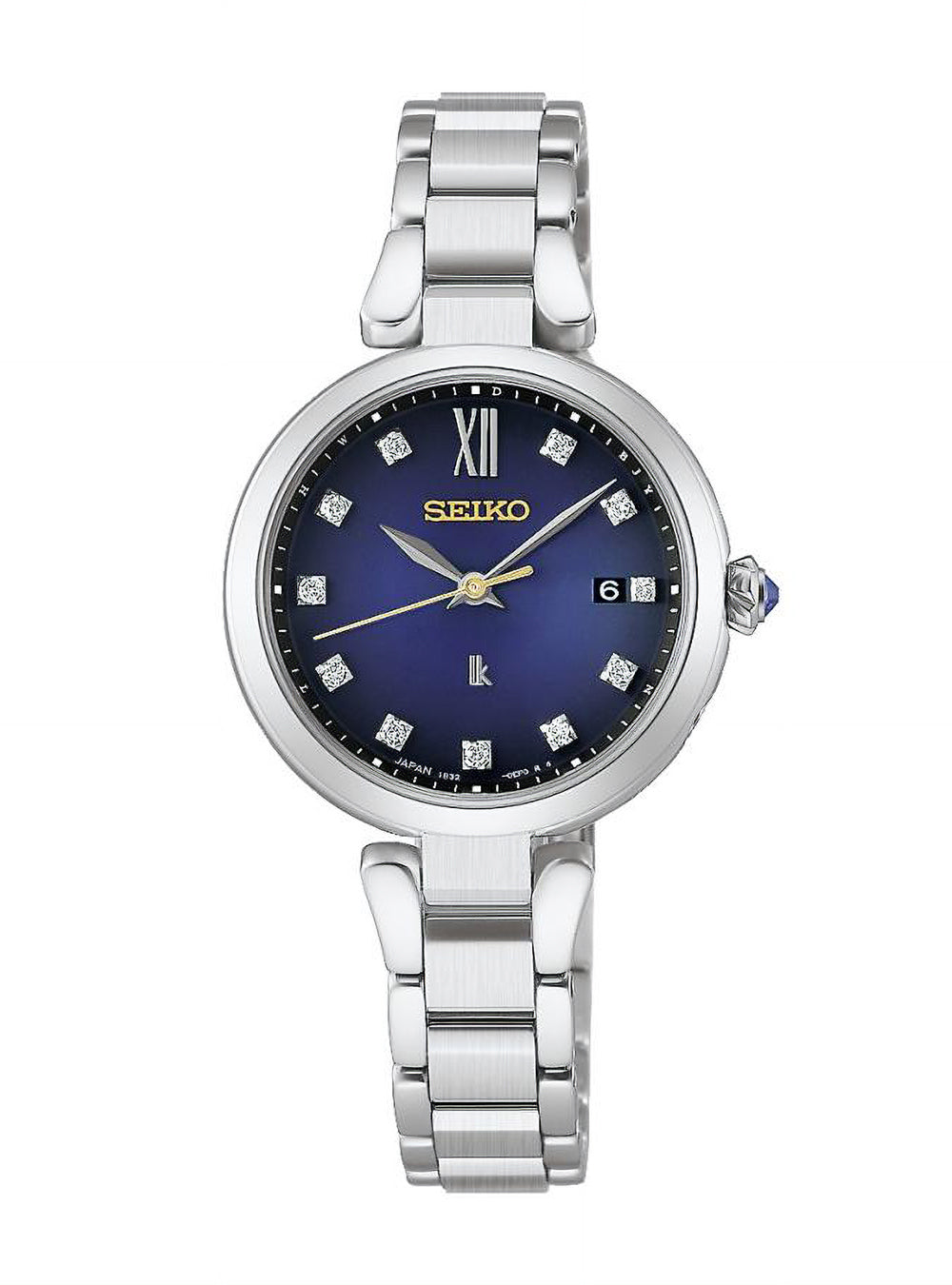 A Seiko women's watch featuring a polished silver titanium link bracelet, a round silver case, and a deep blue dial with gold-tone hands and Roman numeral XII.