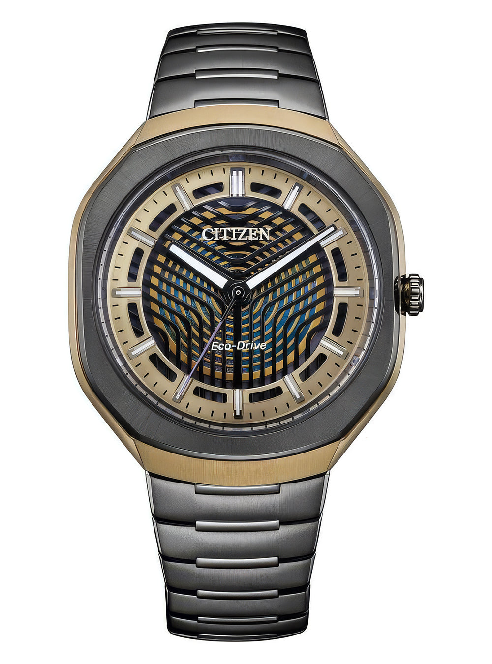 Citizen Eco-Drive watch with a gold and black octagonal case, a patterned dial, and a dark gray metal link bracelet, shown on a white background.