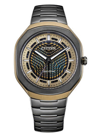 Citizen Eco-Drive watch with a gold and black octagonal case, a patterned dial, and a dark gray metal link bracelet, shown on a white background.