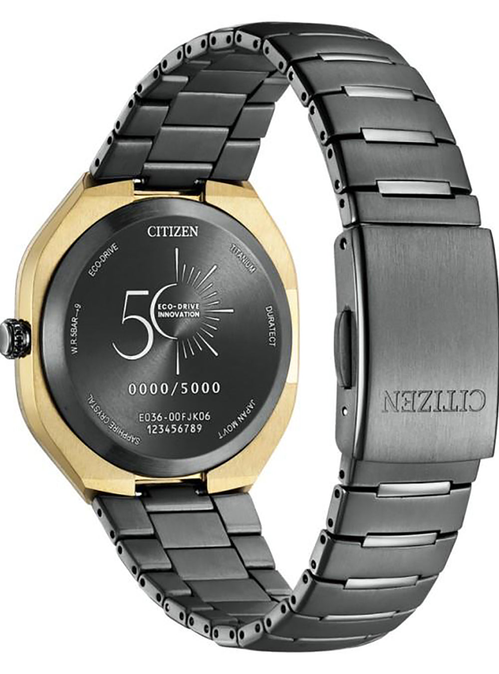 Citizen Eco-Drive Evolution watch with a gold-tone case, black dial, and dark gray metal link bracelet.