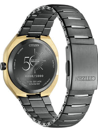 Citizen Eco-Drive Evolution watch with a gold-tone case, black dial, and dark gray metal link bracelet.