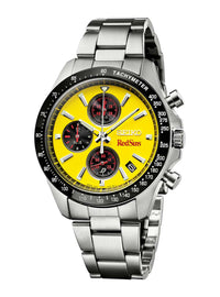 A Seiko RedSuns wristwatch with a bright yellow dial, black bezel, and a silver stainless steel link bracelet, shown against a plain white background.