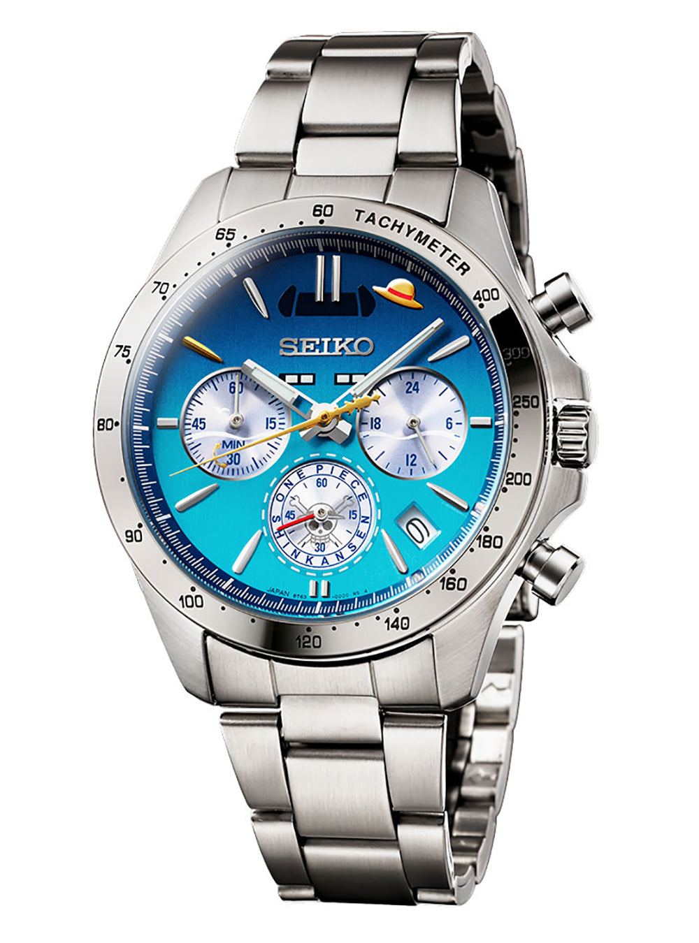 A Seiko stainless steel chronograph watch with a vibrant blue dial, silver-tone metal case and link bracelet, and white sub-dials.