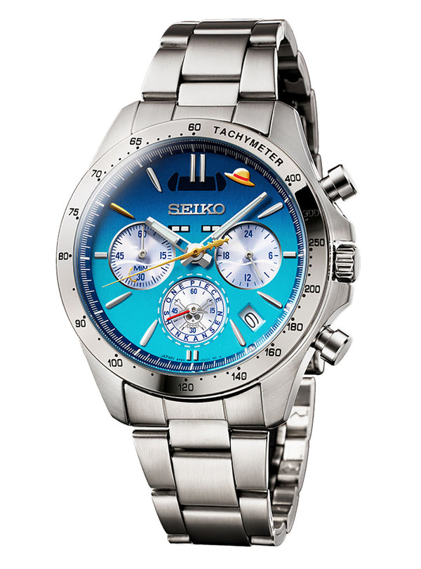 A Seiko stainless steel chronograph watch with a vibrant blue dial, silver-tone metal case and link bracelet, and white sub-dials.